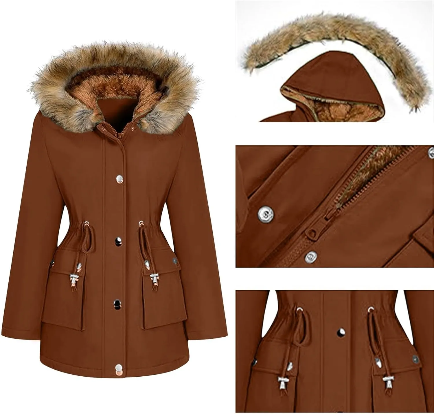 Plus Size Coats for Women with Fur Hood Waterproof Fleece Rain Jackets Drawstring Zipper Raincoats with Pockets