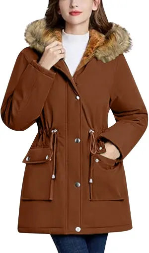 Plus Size Coats for Women with Fur Hood Waterproof Fleece Rain Jackets Drawstring Zipper Raincoats with Pockets