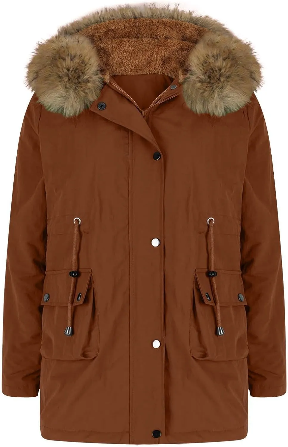 Plus Size Coats for Women with Fur Hood Waterproof Fleece Rain Jackets Drawstring Zipper Raincoats with Pockets