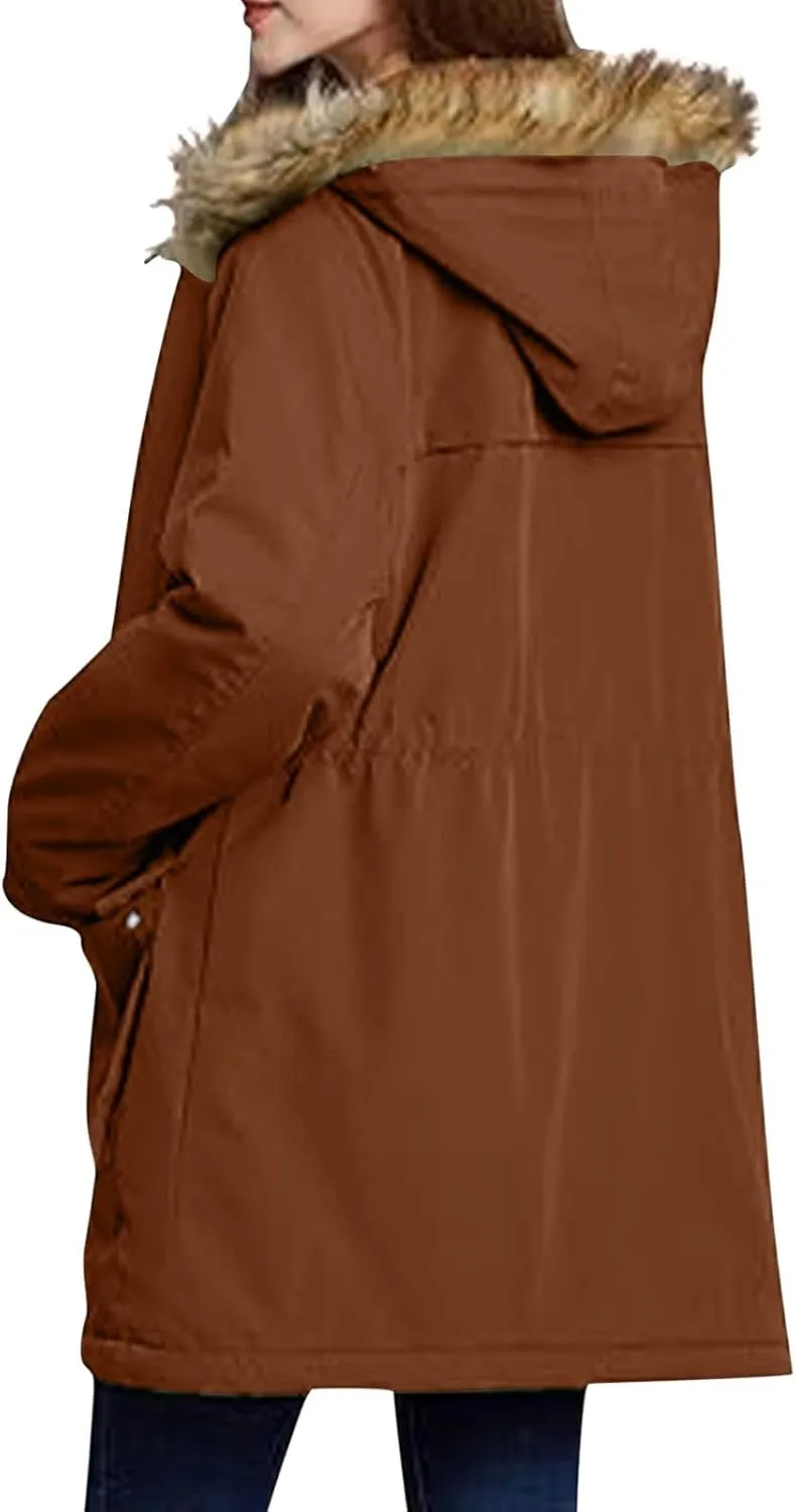 Plus Size Coats for Women with Fur Hood Waterproof Fleece Rain Jackets Drawstring Zipper Raincoats with Pockets