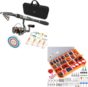 PLUSINNO Telescopic Fishing Rod and Reel, 263pcs Fishing Tackle Kit with Tackle Box