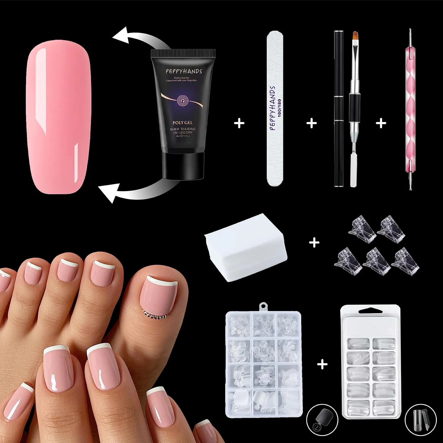 Poly gel nail forms, 120Pcs Poly Extension Gel Nail Kit and 120Pcs Poly Nail Gel Kit for Toes Square Poly Toenails Dual Forms Reusable, With Slip Solution Dual Nail forms, Nail Clips, Home Set