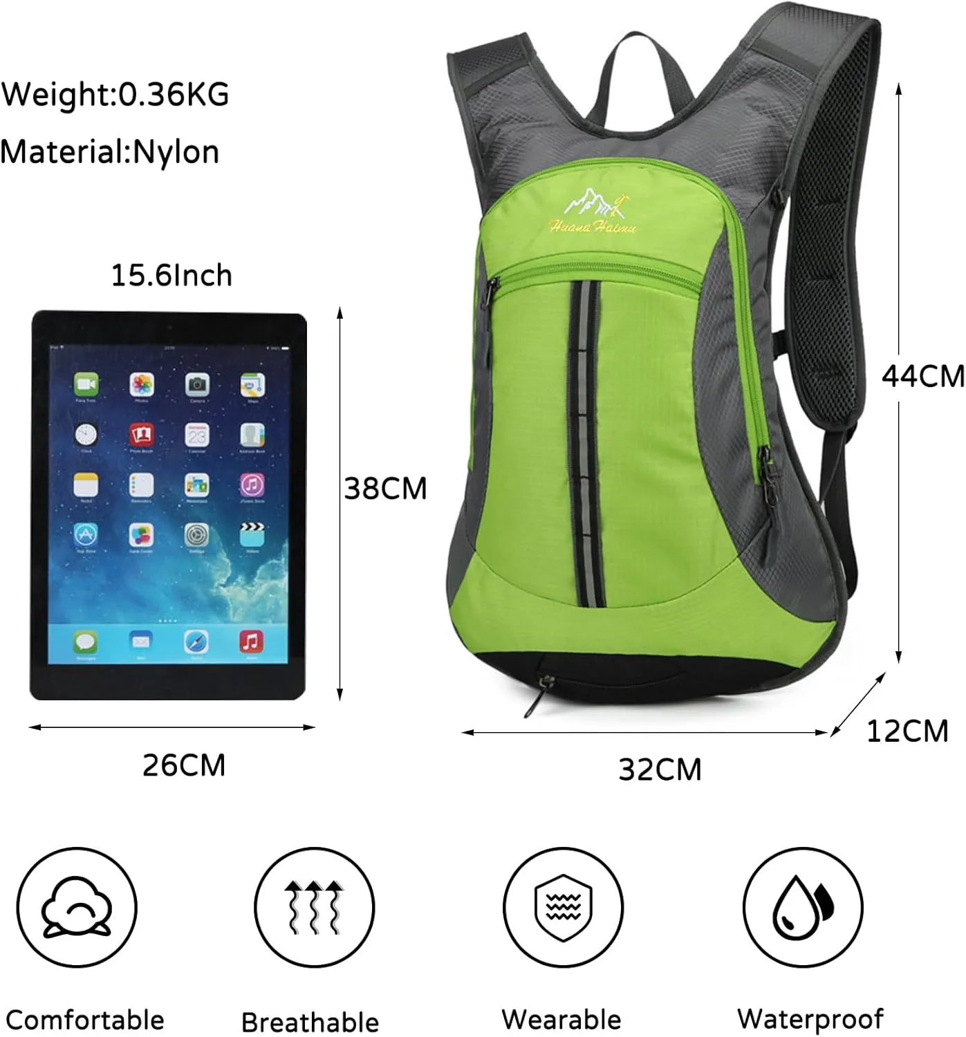 PORRASSO Hiking Backpack Waterproof Daypack 18L Rucksack Lightweight Backpack for Women Men Camping Trekking Cycling Climbing Outdoor Sports Green