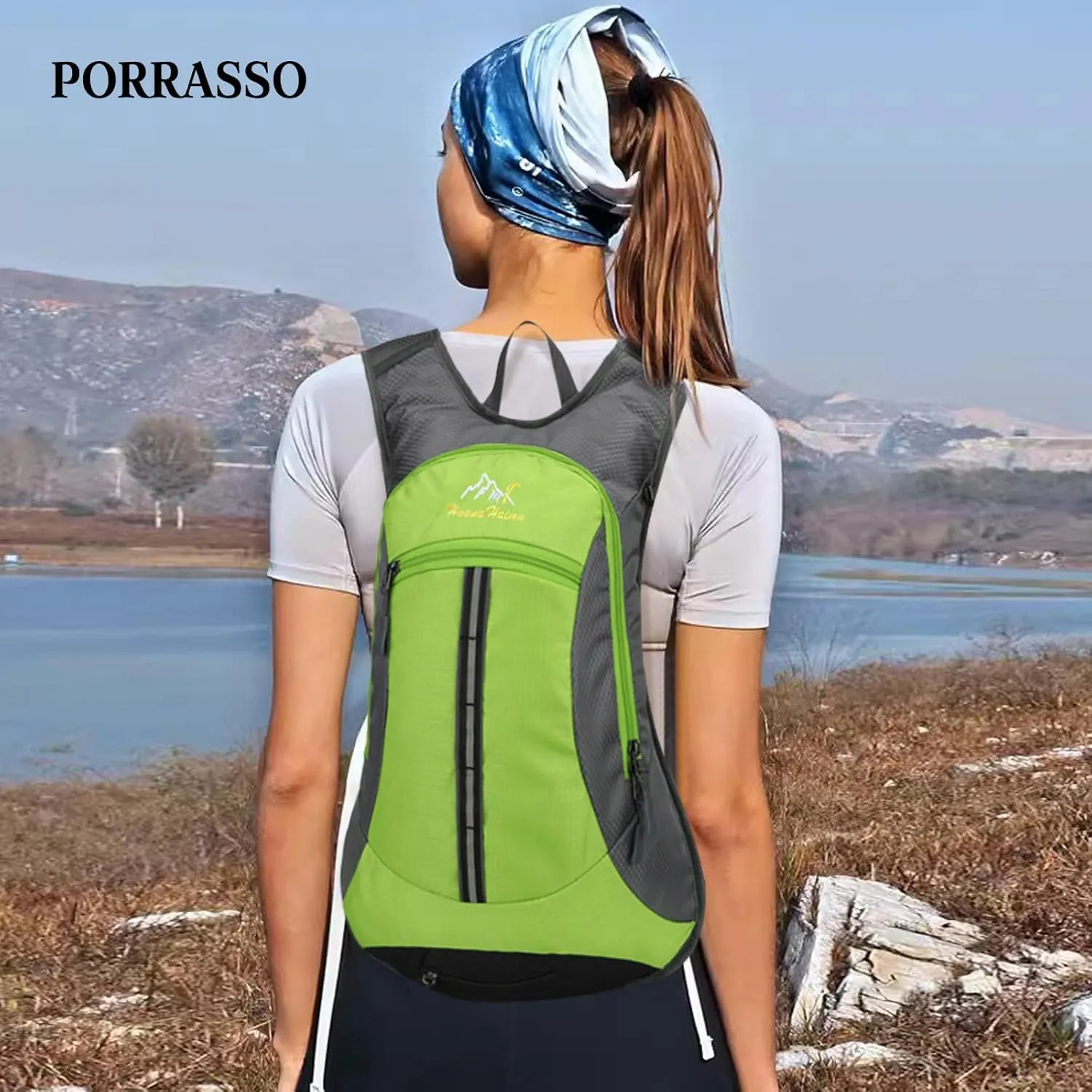 PORRASSO Hiking Backpack Waterproof Daypack 18L Rucksack Lightweight Backpack for Women Men Camping Trekking Cycling Climbing Outdoor Sports Green