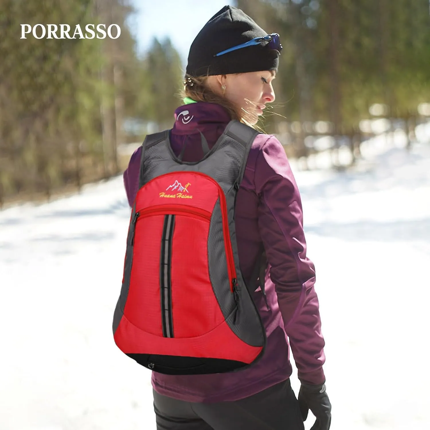 PORRASSO Hiking Backpack Waterproof Daypack 18L Rucksack Lightweight Backpack for Women Men Camping Trekking Cycling Climbing Outdoor Sports Red