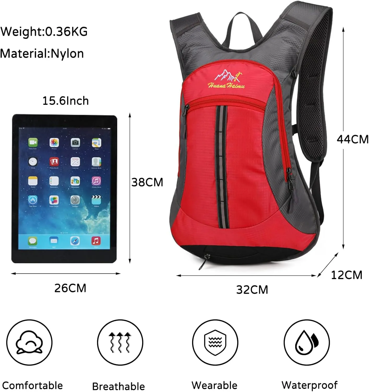 PORRASSO Hiking Backpack Waterproof Daypack 18L Rucksack Lightweight Backpack for Women Men Camping Trekking Cycling Climbing Outdoor Sports Red