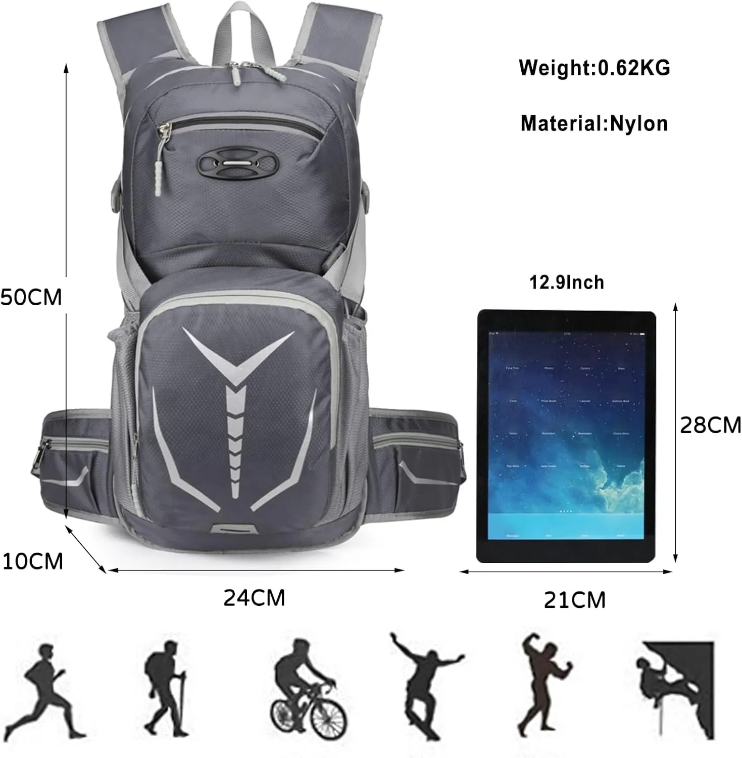 PORRASSO Hiking Backpack Waterproof Daypack 20L Rucksack Breathable Backpack for Women Men Trekking Cycling Climbing Outdoor Sports Grey