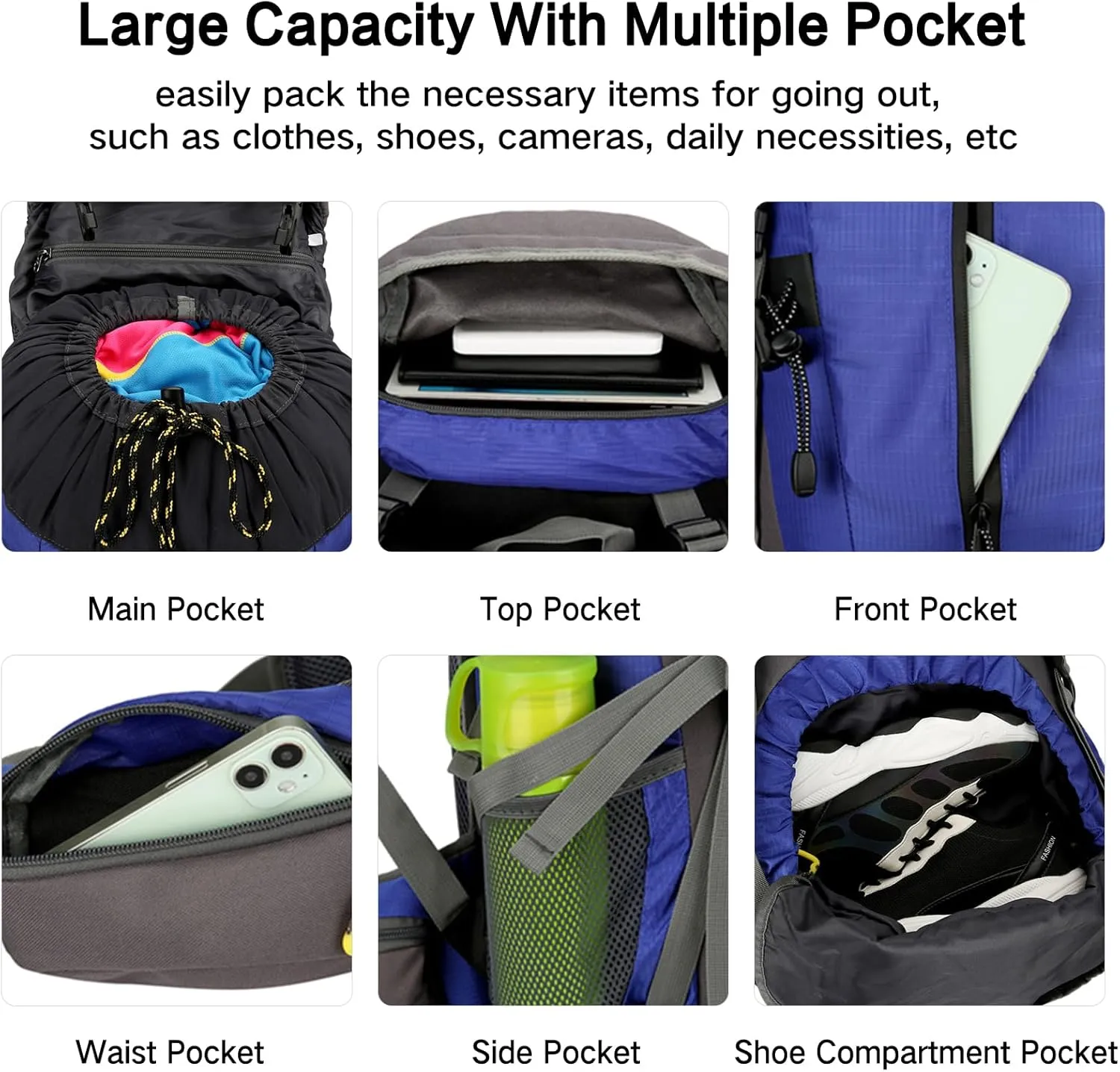 PORRASSO Hiking Backpack Waterproof Daypack 50L Rucksack with Rain Cover Backpack for Travel Trekking Camping Climbing Outdoor Sports Black