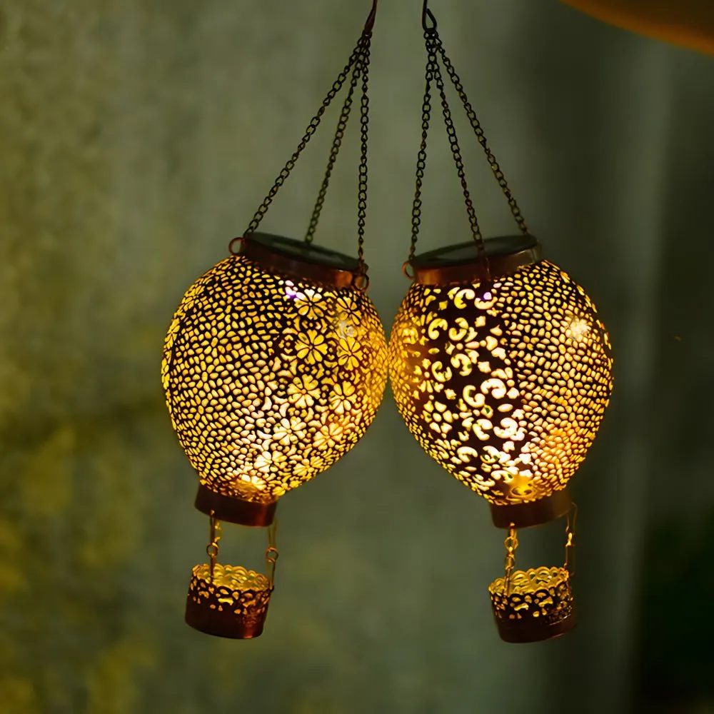Portable Cast Iron Hot Air Balloon Solar Lanterns Hanging Solar Light Hollow Outdoor Decor Garden Light