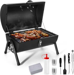 Portable Charcoal Grill Set of 8, Leonyo Outdoor Small Compact Tabletop BBQ Charcoal Grill with Barbecue Tongs, Kinfe, Griddle Brick for Outdoor RV Picnic, Patio, Backyard, Beach