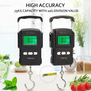 Portable LCD Digital Luggage Scale with Backlight, Tare Function, Built-in Measuring Tape, Loud Buzzer, and Metal Hook for Travel, Fishing, Household Use