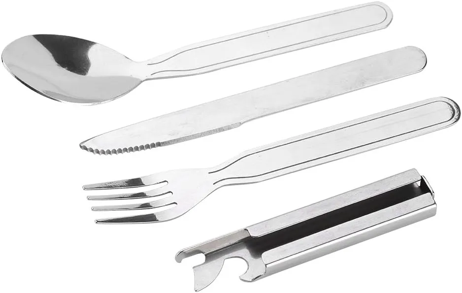 Portable Travel Reusable Utensils, 4pcs set Stainless Steel Tableware Fork Spoon Knife and Bottle Opener for Camping Picnic Cutlery set