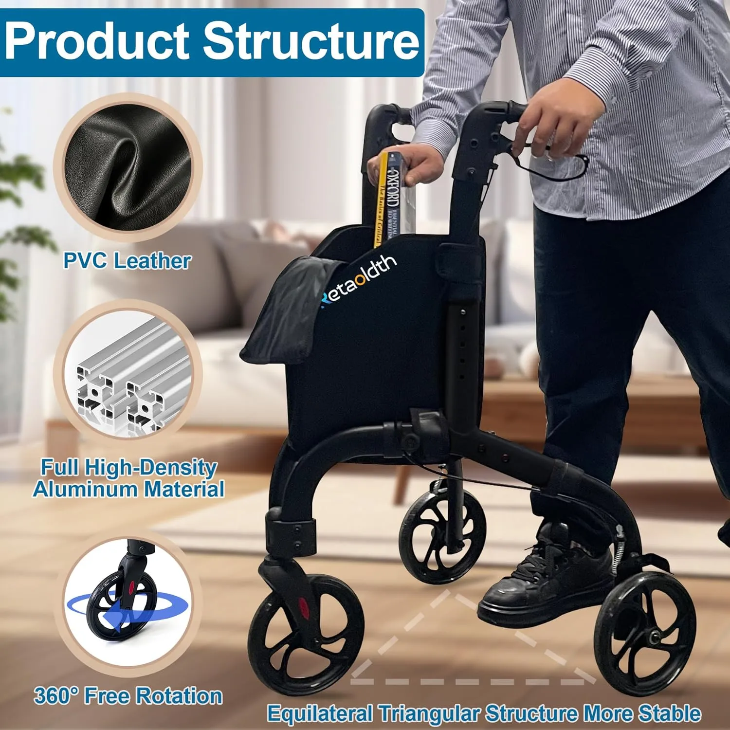 Premium 3 Wheel Rollator Walker for Seniors, Lightweight Foldable Elderly Three Wheeled Rollator with Storage Bag, Aluminum Mobility Aid Rolling Walker (Black)