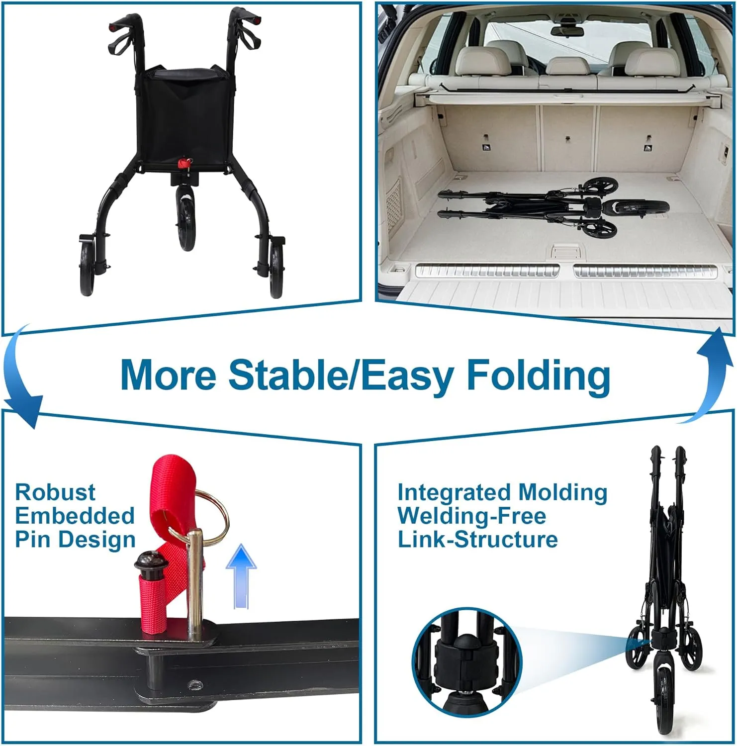 Premium 3 Wheel Rollator Walker for Seniors, Lightweight Foldable Elderly Three Wheeled Rollator with Storage Bag, Aluminum Mobility Aid Rolling Walker (Black)