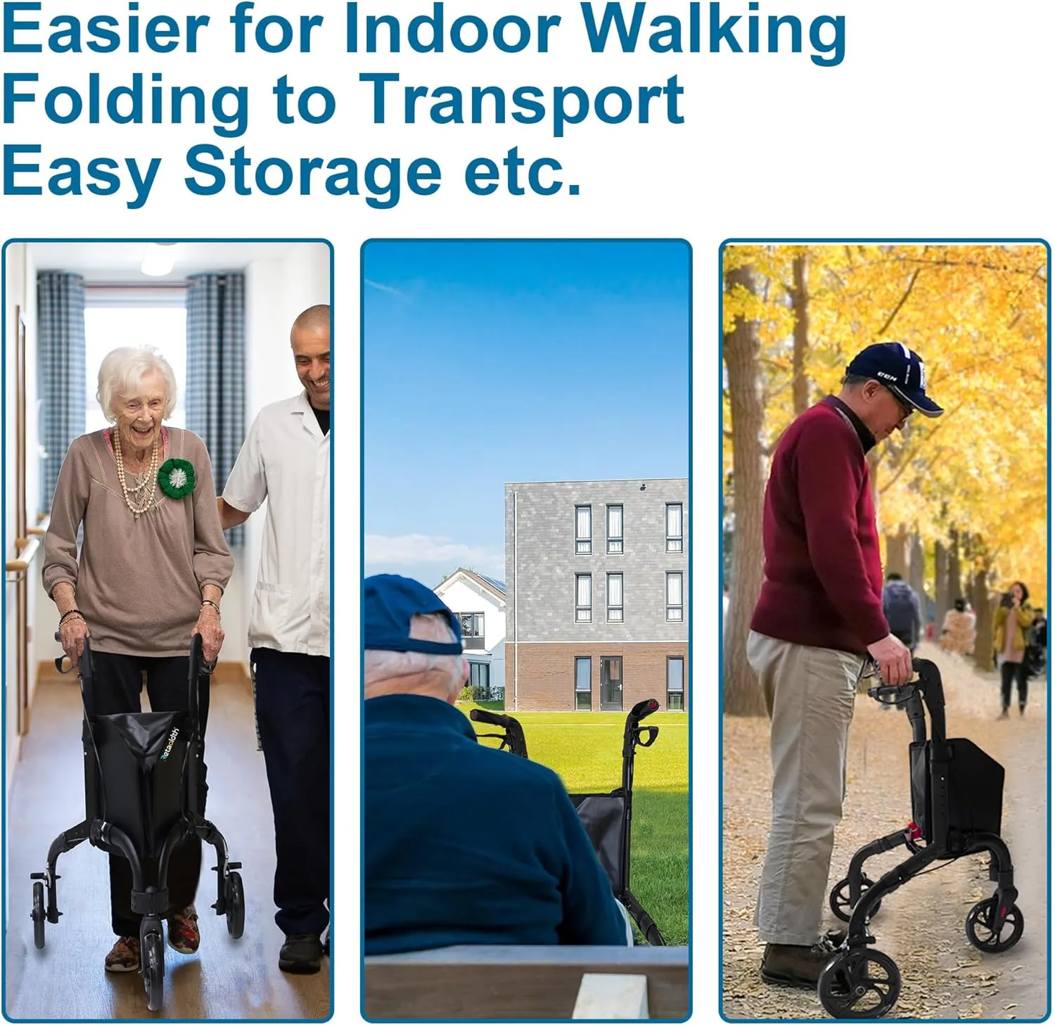 Premium 3 Wheel Rollator Walker for Seniors, Lightweight Foldable Elderly Three Wheeled Rollator with Storage Bag, Aluminum Mobility Aid Rolling Walker (Black)