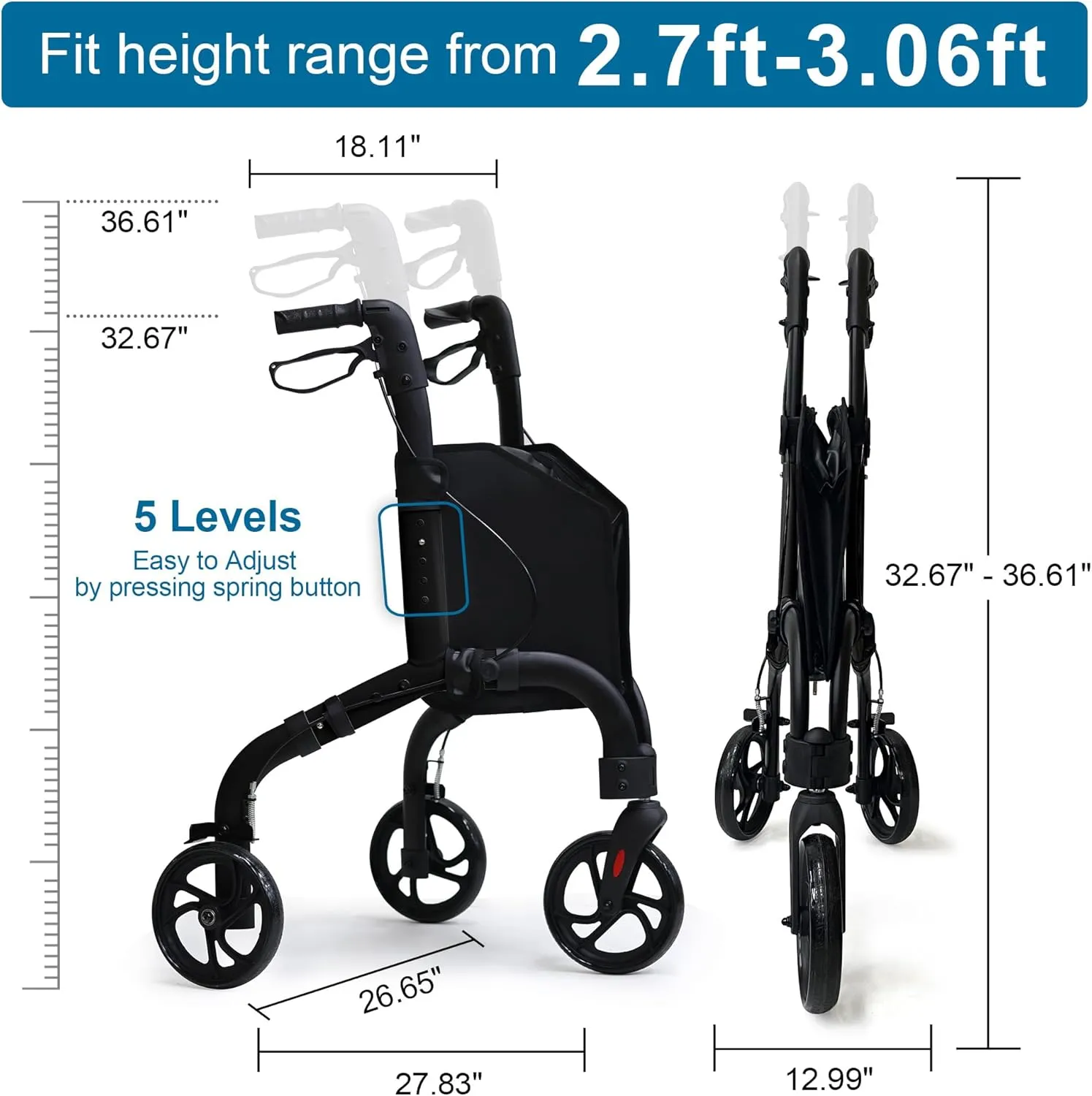 Premium 3 Wheel Rollator Walker for Seniors, Lightweight Foldable Elderly Three Wheeled Rollator with Storage Bag, Aluminum Mobility Aid Rolling Walker (Black)