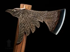 Premium Viking-Style Battle Axe with Ornate Raven Design. Fully Sharpened. Bi-Metallic - Bronze & Steel