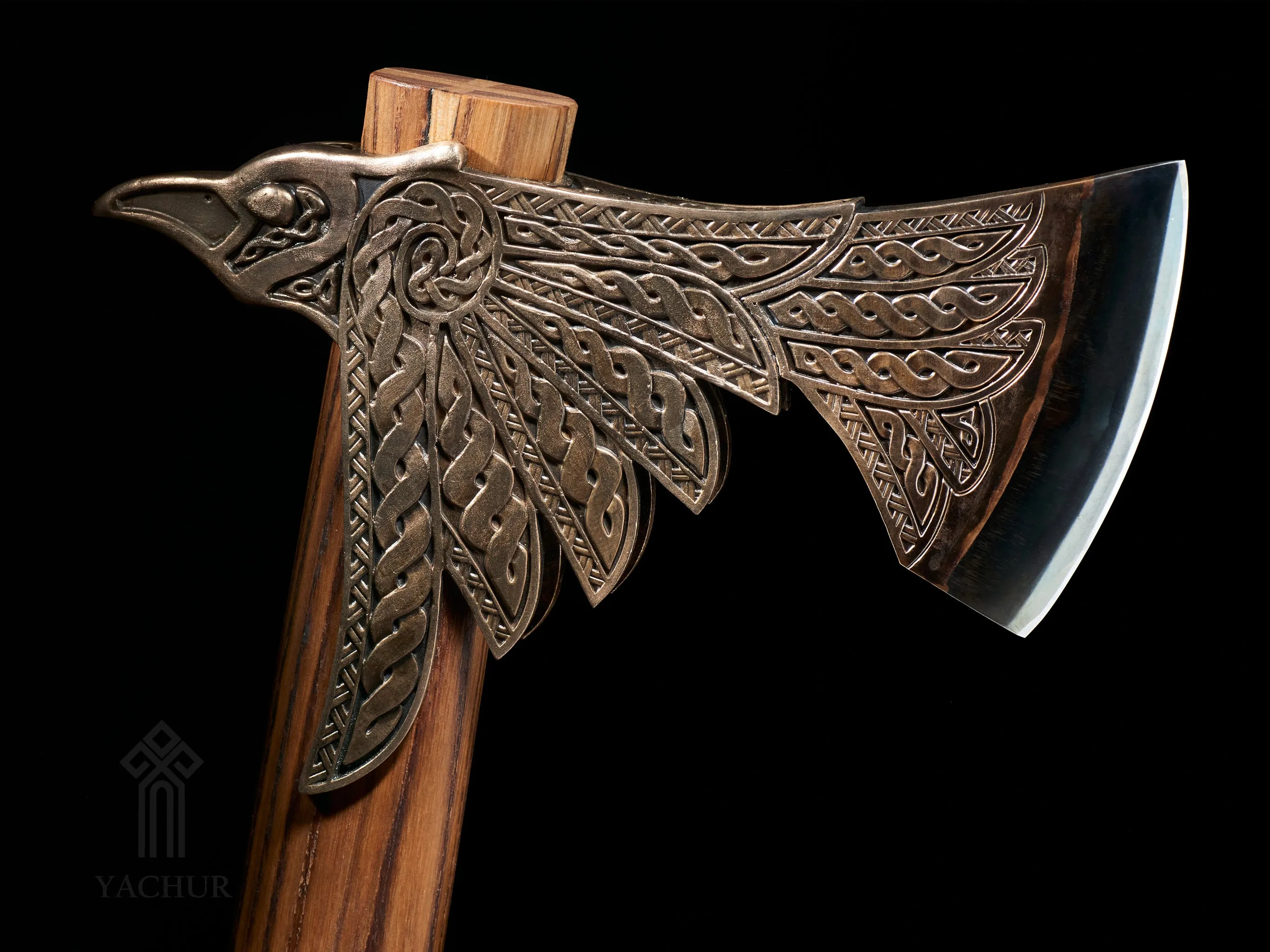Premium Viking-Style Battle Axe with Ornate Raven Design. Fully Sharpened. Bi-Metallic - Bronze & Steel
