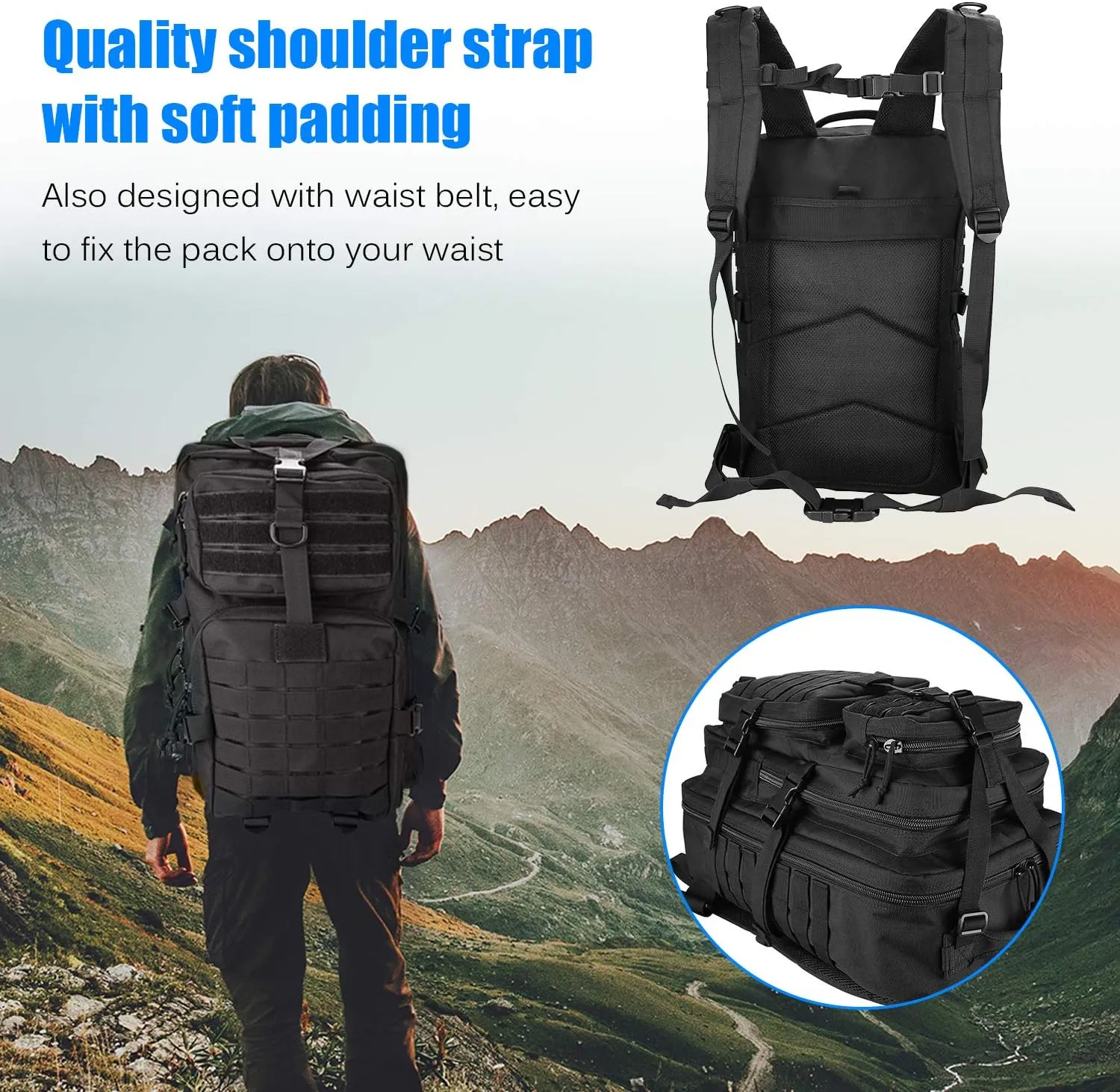 ProCase Military Tactical Backpack with Waterproof Rain Cover, 48L Large Rucksack 3 Day Outdoor Army Assault Molle Pack Go Bag Backpacks -Black