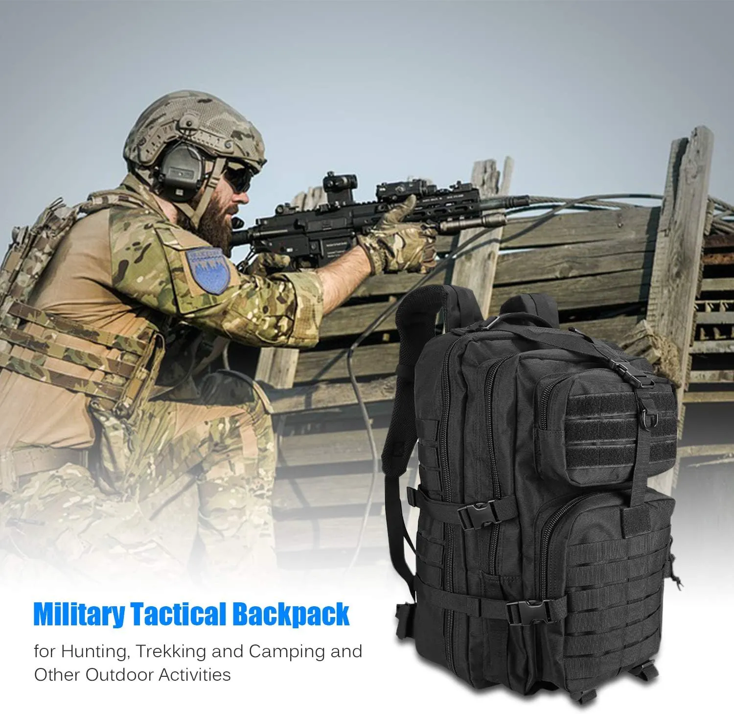 ProCase Military Tactical Backpack with Waterproof Rain Cover, 48L Large Rucksack 3 Day Outdoor Army Assault Molle Pack Go Bag Backpacks -Black