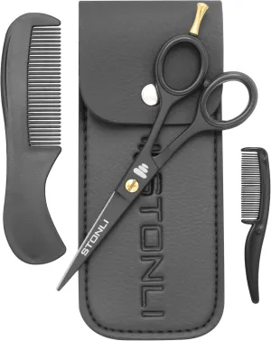 Professional 5’’Beard & Mustache Grooming Kit for Men – Precision Beard Scissors, Mustache Scissors, Moustache Comb, Beard Trimming Scissors, Mustache Care Set with Leather Case (Black)