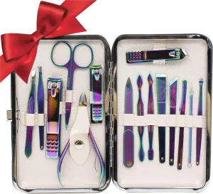Professional Stainless Steel Chameleon Nail Clipper Travel & Grooming Kit Nail Tools Manicure & Pedicure Set of 15pcs with Luxurious Case(Purple)