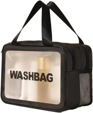 PU Leather Portable Toiletry Bags with Handle, Translucent Waterproof travel Make up Bags for Women, Large Capacity Travel Cosmetic Bags (Black)