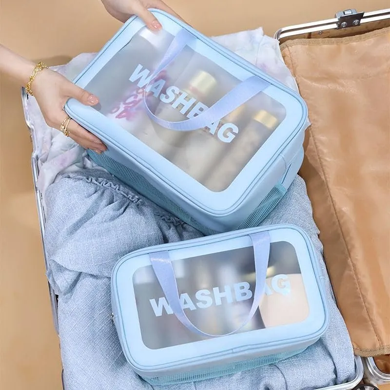 PU Leather Portable Toiletry Bags with Handle, Translucent Waterproof travel Make up Bags for Women, Large Capacity Travel Cosmetic Bags (Black)