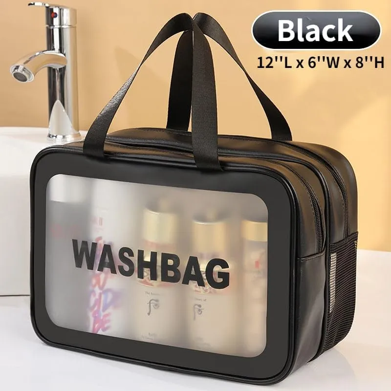 PU Leather Portable Toiletry Bags with Handle, Translucent Waterproof travel Make up Bags for Women, Large Capacity Travel Cosmetic Bags (Black)