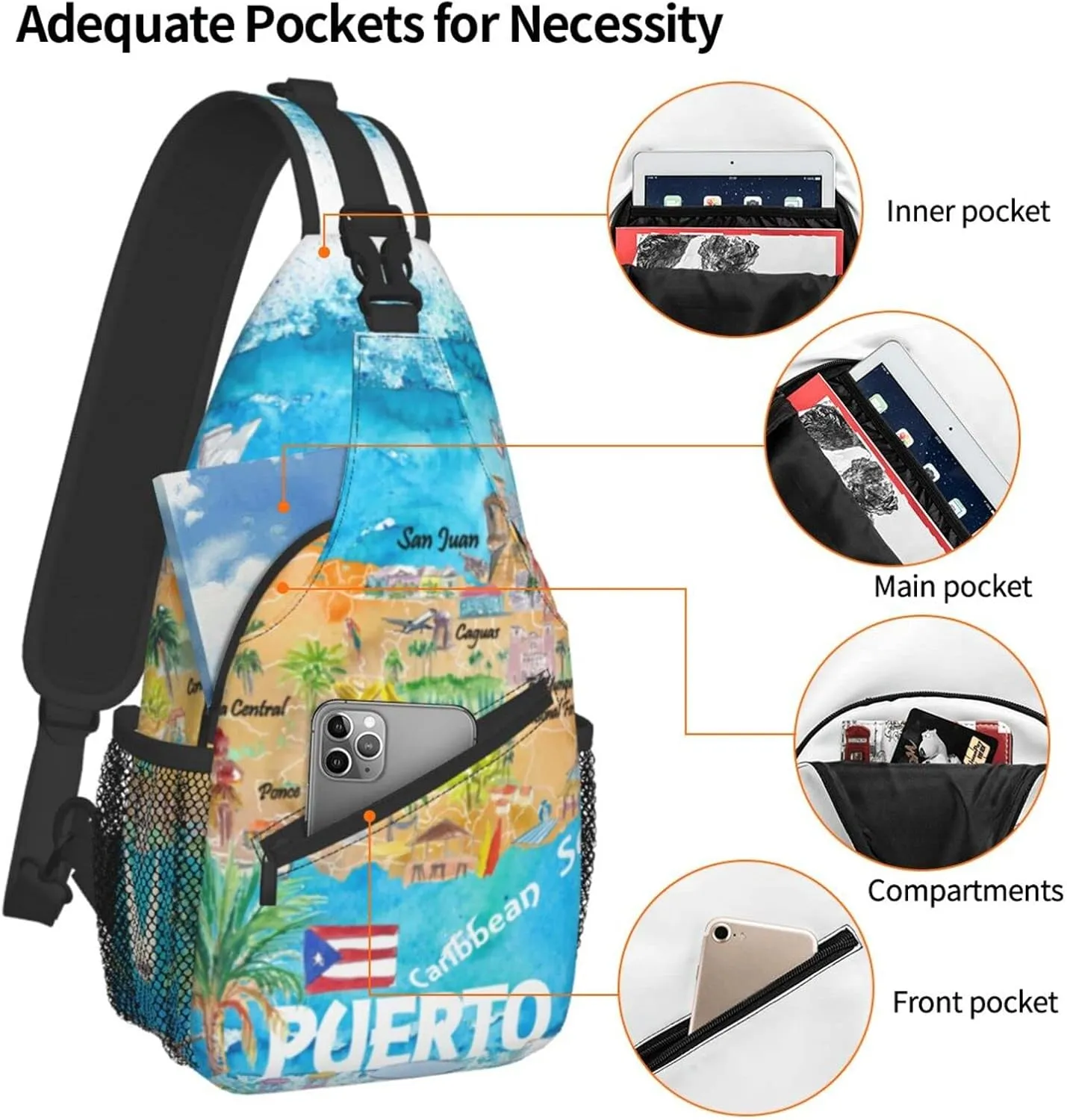 Puerto Rico Rican Flag Sling bag/Crossbody Backpack/Puerto Rican Shoulder Bag for Men For Women, Travel, Hiking, Work