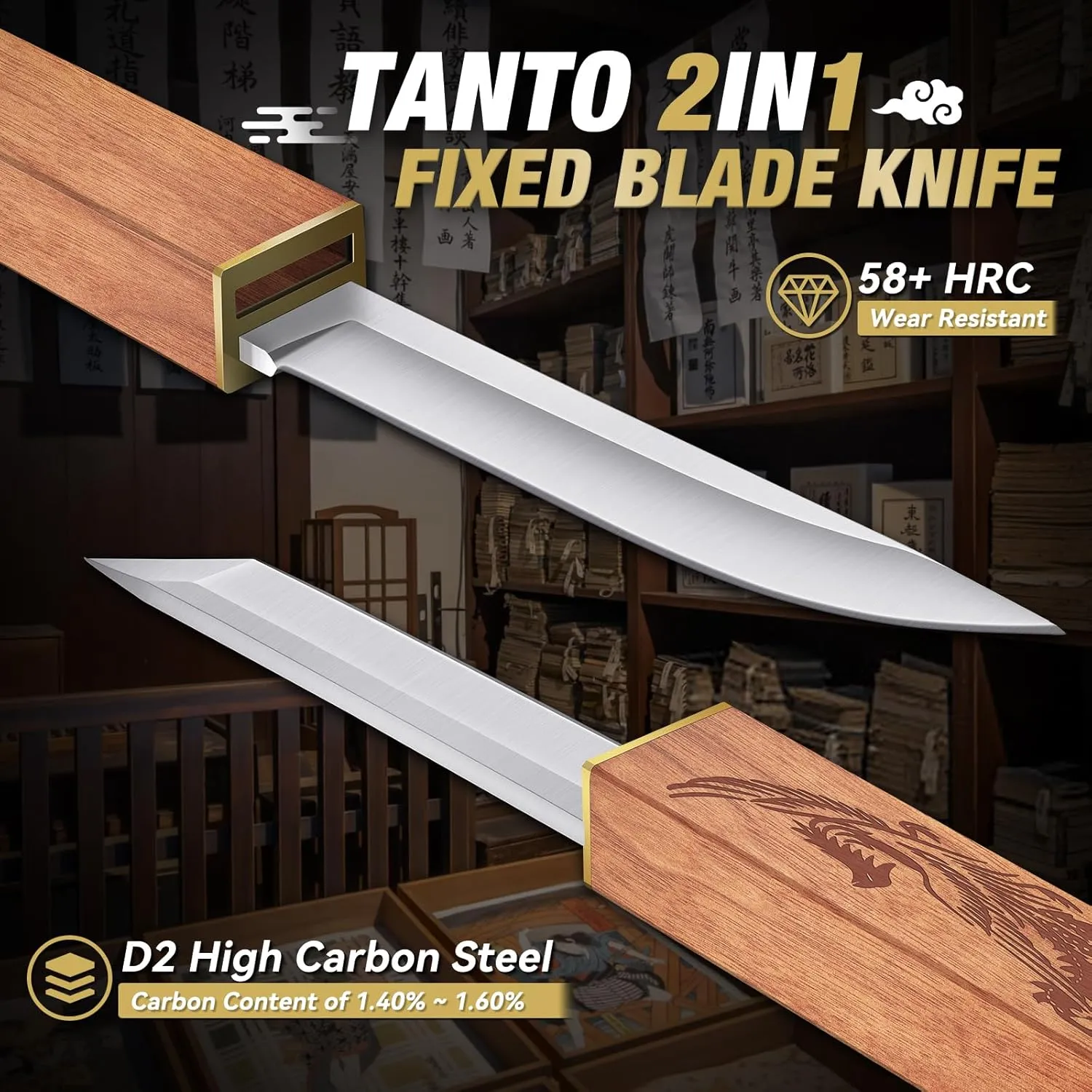Purple Dragon Fixed Blade Knife, Katana Survival Bushcraft Knife, Full Tang Tanto Samurai Knives 2 in 1, Ideal for Camping, Fishing, Hiking, Hunting-Knives for Men, Gift for Father (Wood)