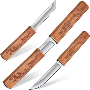 Purple Dragon Fixed Blade Knife, Katana Survival Bushcraft Knife, Full Tang Tanto Samurai Knives 2 in 1, Ideal for Camping, Fishing, Hiking, Hunting-Knives for Men, Gift for Father (Wood)