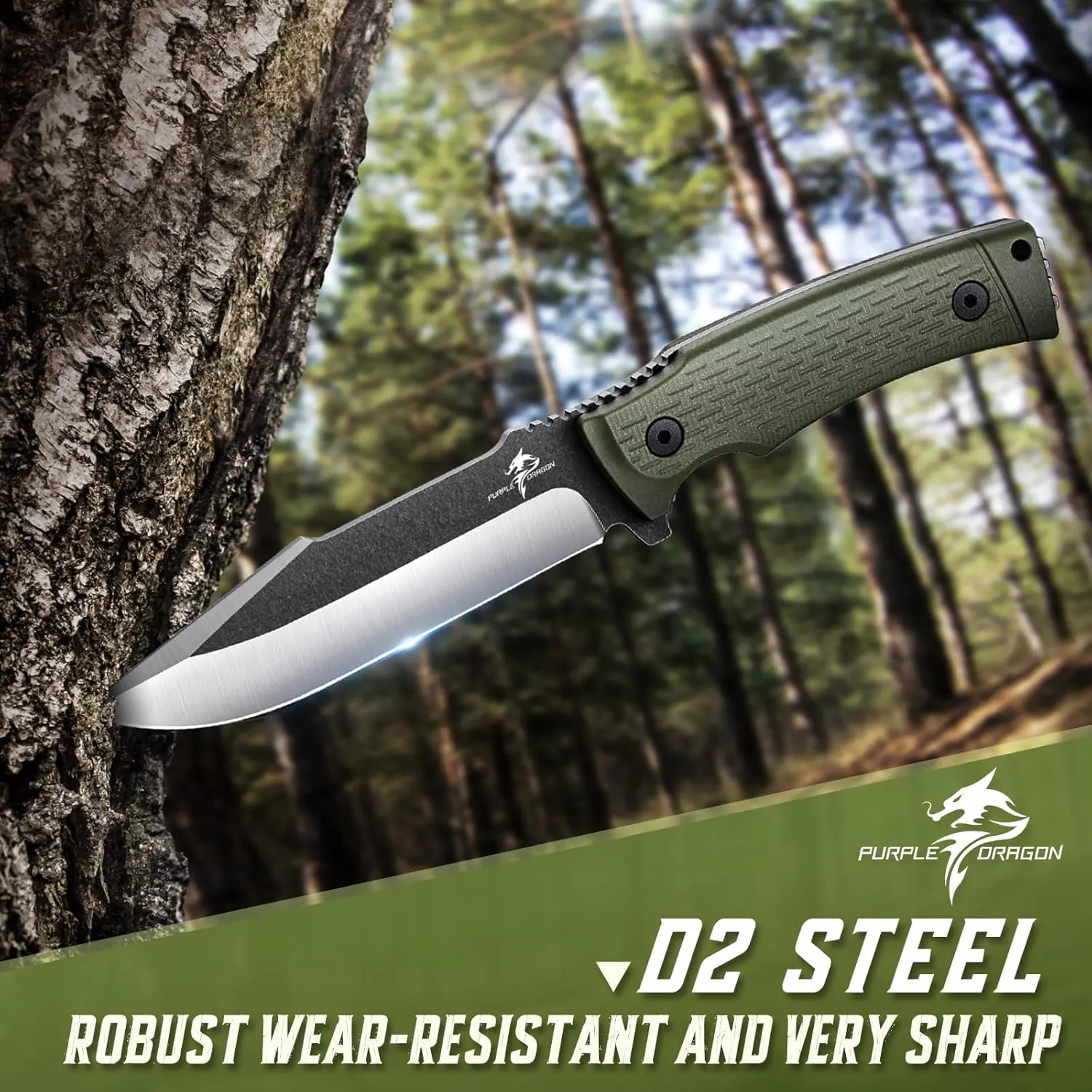 Purple Dragon Green Fixed Blade Hunting Knife Made from a Single Piece of D2 Steel,G10 Handle with Kydex Sheaths for Outdoor Activities Camping,Gifts for man