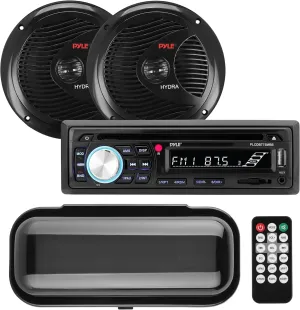Pyle, Bluetooth Car Stereo, Single DIN Radio, Marine Stereo Receiver Kit with Waterproof 6.5” Speakers, MP3/USB/SD/AUX/FM, Built-in Microphone, Remote Control, Water-Resistant Radio Shield