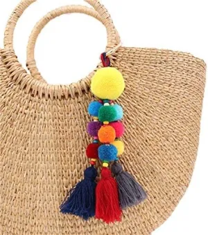 QTMY Colorful Pom Pom Tassel Long Bag Charm Pendant Keyring Keychain for Women Purse Handbag Decor