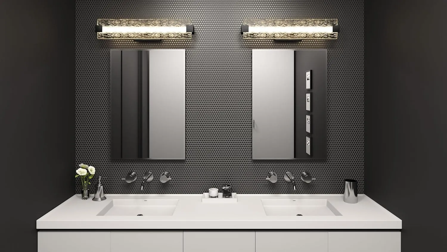 Quoizel Winter Vanity Lights, 24 Inch Matte Black Modern Bathroom Lighting Fixtures Over Mirror with Clear Textured Glass, 37W LED Wall Mount Light for Bathrooms or Hallway