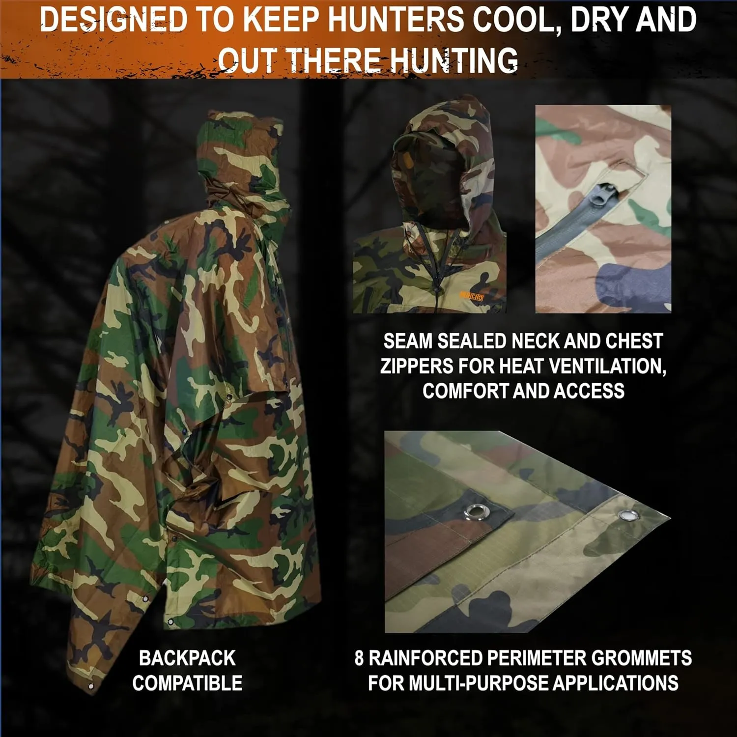 Rain Poncho for Men, Camouflage with Carry Pack - Waterproof Camo Ponchos with Hood with Ventilation - Premium Hunting Gear