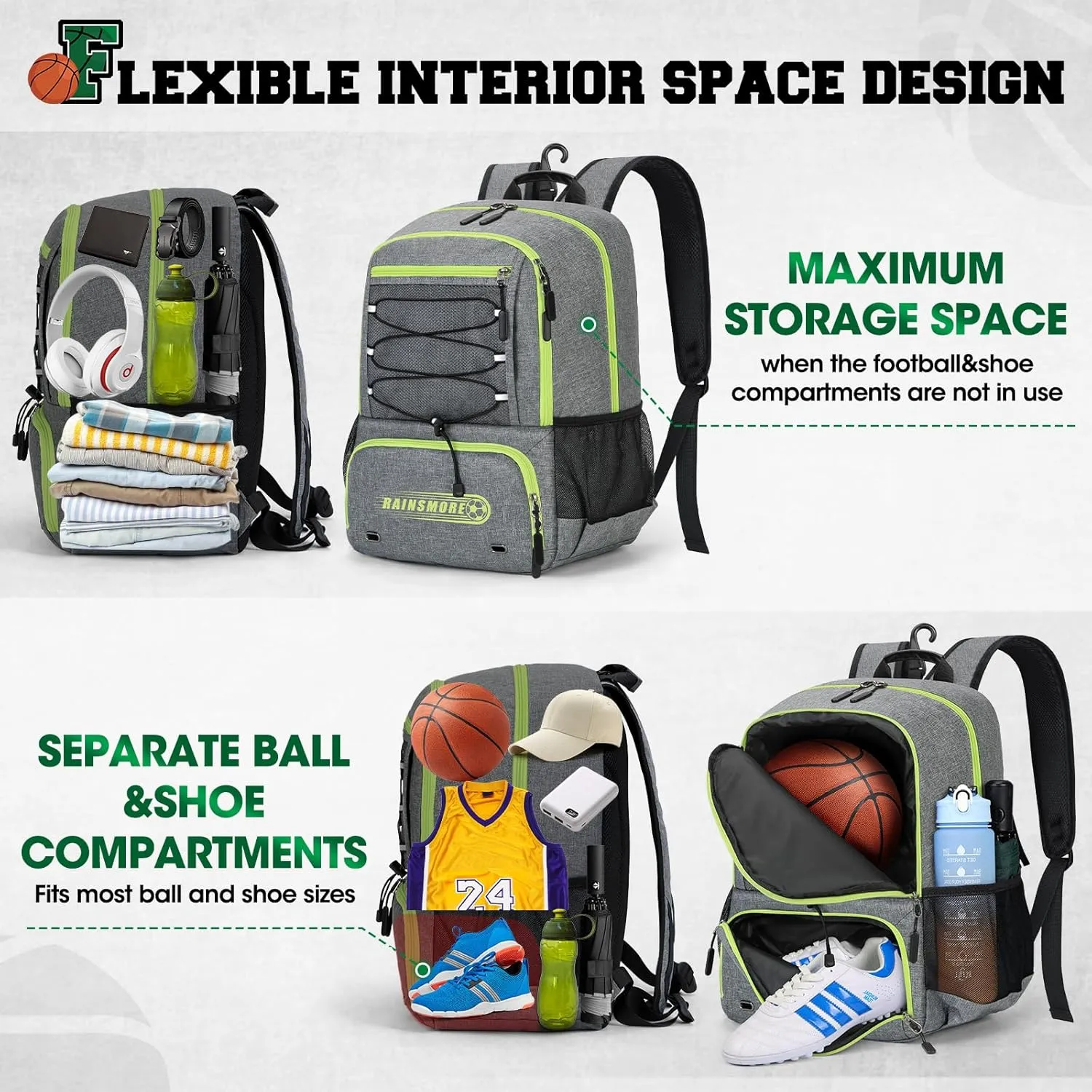 Rainsmore Basketball Bag Backpack with Separate Ball Holder & Shoe Compartment - Water Resistant Sports Equipment Bag for Volleyball, Soccer & Gym