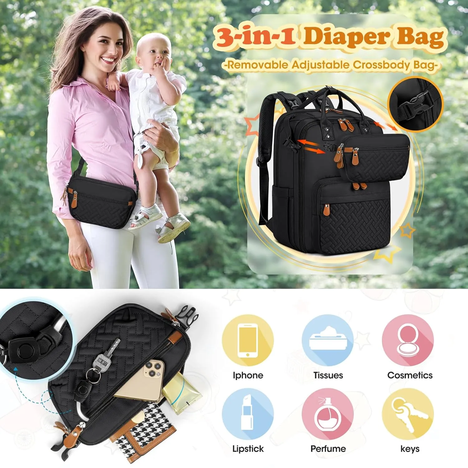RAINSMORE Diaper Bag Backpack, Large Waterproof Baby Bag with Changing Pad, Detachable Crossbody Bag & Stroller Straps Travel Diaper Backpack for Moms Dads Unisex Baby Essentials Organizer