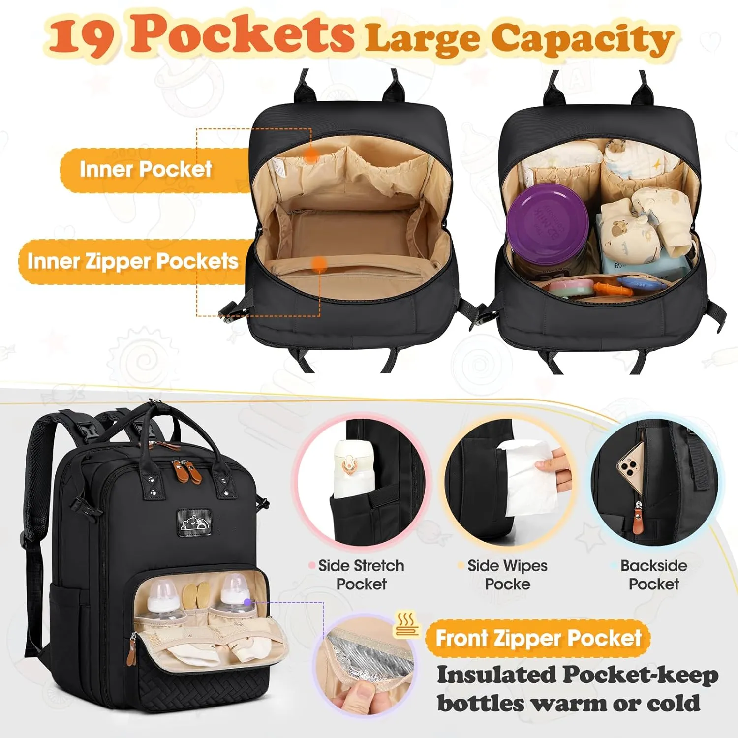 RAINSMORE Diaper Bag Backpack, Large Waterproof Baby Bag with Changing Pad, Detachable Crossbody Bag & Stroller Straps Travel Diaper Backpack for Moms Dads Unisex Baby Essentials Organizer