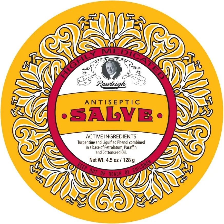 Rawleigh Antiseptic Salve Iconic Yellow Big Tin: 4.5 oz, Multi-Purpose Ointment Soothes Cuts, Bruises, Irritations, with Turpentine, Phenol, Cottonseed Oil & Paraffin, Original Formula - Pack of 1