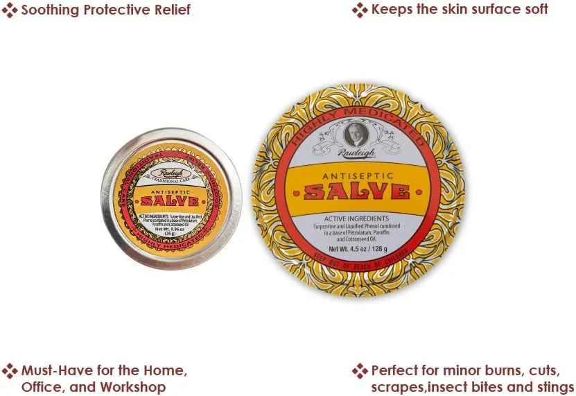 Rawleigh Antiseptic Salve Iconic Yellow Big Tin: 4.5 oz, Multi-Purpose Ointment Soothes Cuts, Bruises, Irritations, with Turpentine, Phenol, Cottonseed Oil & Paraffin, Original Formula - Pack of 1