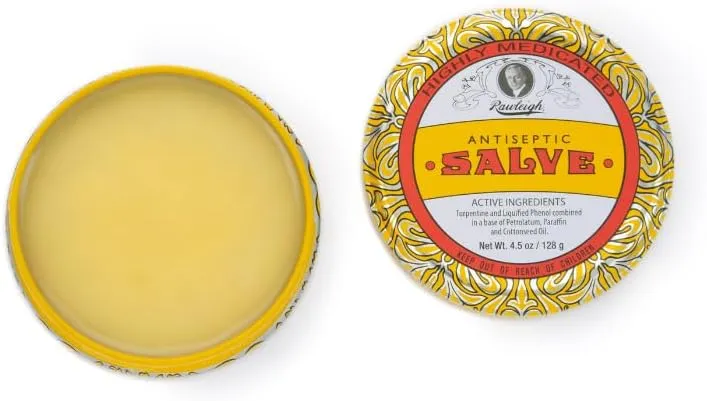 Rawleigh Antiseptic Salve Iconic Yellow Big Tin: 4.5 oz, Multi-Purpose Ointment Soothes Cuts, Bruises, Irritations, with Turpentine, Phenol, Cottonseed Oil & Paraffin, Original Formula - Pack of 1