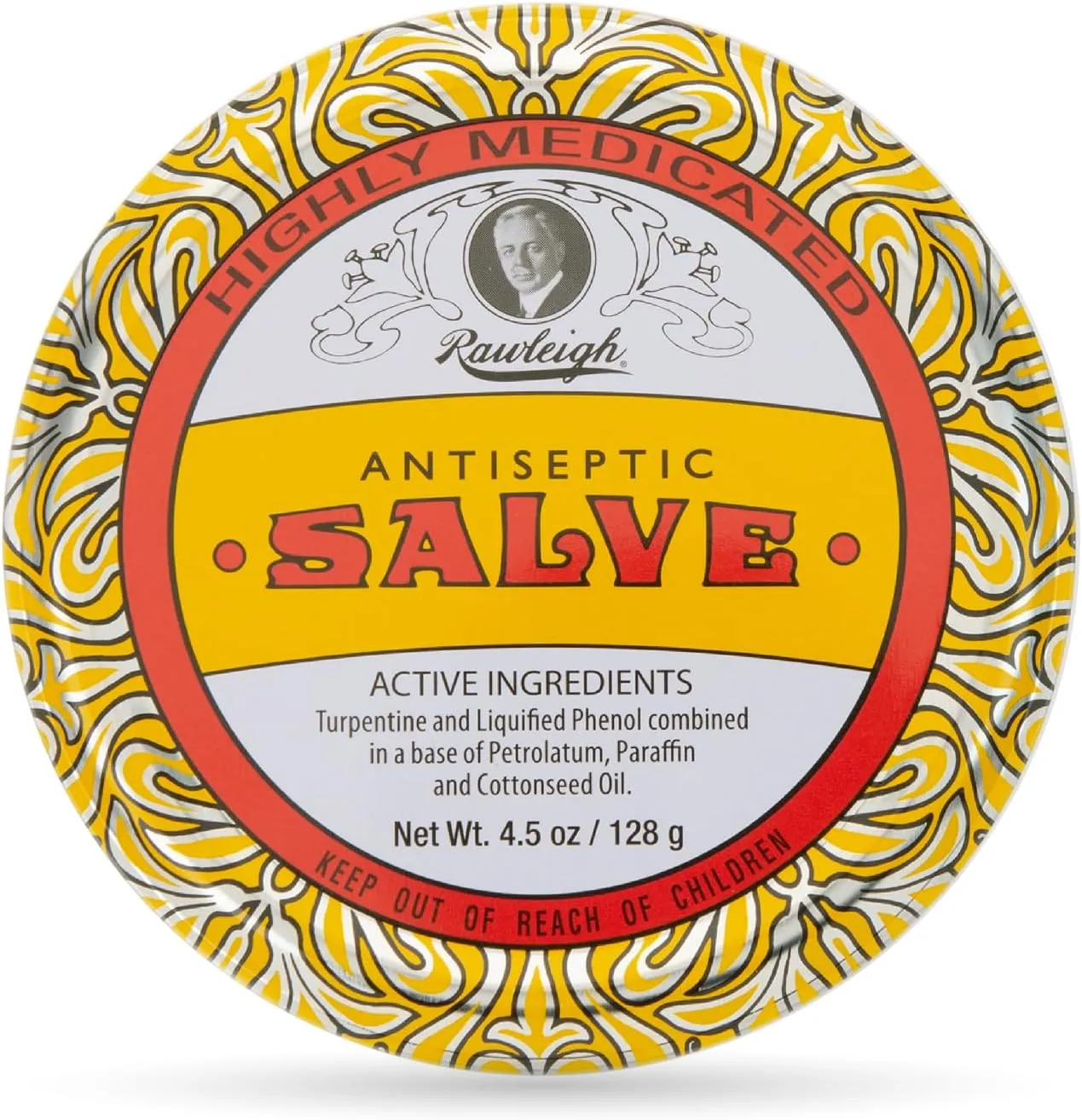 Rawleigh Antiseptic Salve Iconic Yellow Big Tin: 4.5 oz, Multi-Purpose Ointment Soothes Cuts, Bruises, Irritations, with Turpentine, Phenol, Cottonseed Oil & Paraffin, Original Formula - Pack of 1