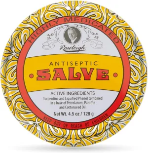 Rawleigh Antiseptic Salve Iconic Yellow Big Tin: 4.5 oz, Multi-Purpose Ointment Soothes Cuts, Bruises, Irritations, with Turpentine, Phenol, Cottonseed Oil & Paraffin, Original Formula - Pack of 1