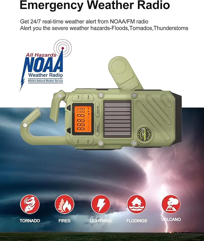 Rechargeable Emergency Radios Walkie Talkies for Adults with FM/NOAA, Weather Alerts, LED Flashlight, and Solar Hand Crank - Long Range 2 Way Radios with USB Charging and SOS Alarm