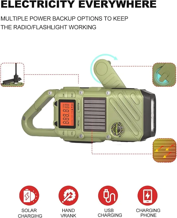 Rechargeable Emergency Radios Walkie Talkies for Adults with FM/NOAA, Weather Alerts, LED Flashlight, and Solar Hand Crank - Long Range 2 Way Radios with USB Charging and SOS Alarm