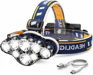 Rechargeable Headlamp, 8 LED 18000 High Lumen Bright Waterproof Head Lamp with Red Light, 8 Modes Headlight Flashlight for Outdoors Camping Running Fishing Hiking