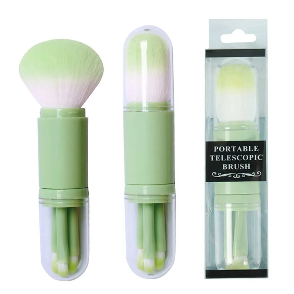 REDSHORE 4 in 1 Retractable Cosmetic Brush Set, Mini Foundation, Powder, Eye Shadows, Lip Brush Kit, Travel, Green