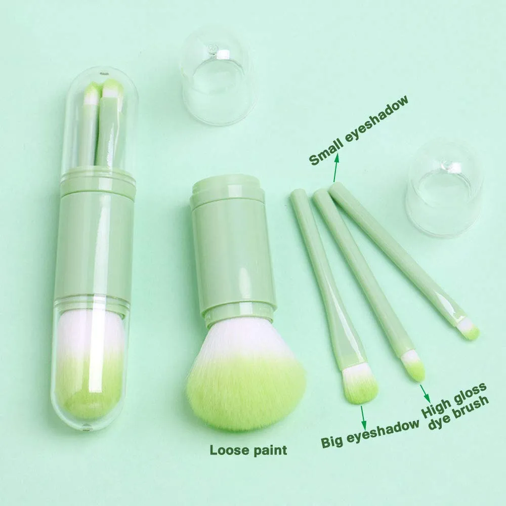 REDSHORE 4 in 1 Retractable Cosmetic Brush Set, Mini Foundation, Powder, Eye Shadows, Lip Brush Kit, Travel, Green